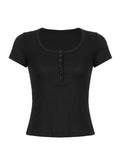short-sleeved basic top with button placket and round