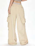 Babes Straight Broad Leg Pocket Spliced Striped Waist Trousers Tying With Trend Casual