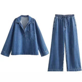 Women's Clothing INS Burst Fashion Loose Collar Long Sleeves Denim Blouse Trouser