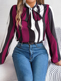 Shooting Spring And Summer New Temperament Striped Striped With Lantern Sleeve Chiffon Shirt Women's