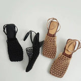 Fashion Retro Weaving Emptiness Square Head Coarse Heel Casual High-Heeled Women's Sandals In The Summer Of