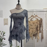 Tie-Dye-Print Oblique Shoulder Dress Repair Irregular Lotus Horn Long-Sleeved Mesh T-Shirt