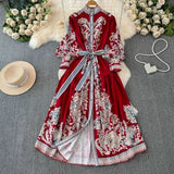 Retro High-End Lantern Long-Sleeved Print Dress Female Light Luxury Elegant Single Buckle Waist Swing