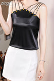 Women Blouses Sexy Tank Tops Embroidered Flares Female Camisole Summer Satin Sleeveless Women Clothing Silk Womens
