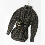 New Plaid Shirt Women's New Loose Korean Version Of The Retro Belt With Long Shirt Skirt