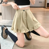 Women Summer High Waist Fashion Folds Streetwear Solid Loose Casual Ulzzang College Cozy Sweet All-match Popular Chic