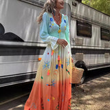 Women's V-Neck Dress Print Tamped Tannesor Long Sleeves