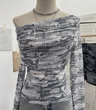 Tie-Dye-Print Mesh Folded Long-Sleeved T-Shirt With A Word-Collar Slanted Shoulder-To-Back Short Top