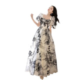 French Evening Dress Female Light Luxury High-End Niche Banquet Super Fairy Light Yarn Chinese Feng Shui Ink Painting Pattern Vocal Art