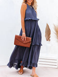 Casual Long Dress Women Summer Female Ruffle Pullover Beach Dresses Ladies Elegant Sleeveless Hollow Tie-Up Party