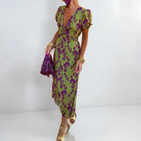 Women's Dress 2025 New Temperament Fashion Print V Collar Folds To The Waist To Repair The Dress