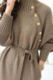 Winter Women Knitted Long Dress Turtleneck Sweater Dresses Loose Long Sleeve Elegant Office Ladies