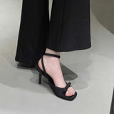 New Square Head Wrist Tripped Silver Silk And Satin Bow High Heel Cool Slippers Fine Heeled Female
