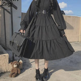 Gothic Black Dress Women Summer Japanese Preppy Style Kawaii Lolita Dress Sweet Long Puff Sleeve Pleated Party