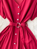 Vintage V-Neck Single Breasted Midi Dress For Women Elegant Short Sleeve High Waist A-Line Slim Green/Red/Purple