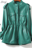 Spring Autumn Luxury Green Black Beige Leather Jacket Women with Drop Shoulder Long Sleeve Drawstring Pockets