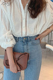 Hollow Out Chiffon Shirt Women Button Up White Blouse Ladies Loose Tops 2023 New Puff Sleeve Korean Fashion Clothing