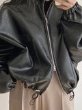 Black Leather Jacket with Drawstring and Collar
