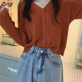 Colors Cropped Cardigan Women Knitwear Pure V-neck Spring Long Sleeve Elegant Casual Кардиган Женский Females Korean