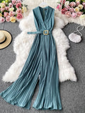 Notched Collar Draped Rompers For Women Casual Sleeveless High Waist Wide Leg Playsuits Female Beige/Green Jumpsuit