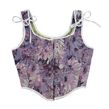 French Strapped Fish Bone Corset Short Vest Bustier Crop Monet Oil Painting Feng Shui Ink