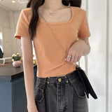 Zingj Short T-Shirt Female Solid Color 2024 New High Waist Slim Show Thin Hot Girl All-Match Short-Sleeved Square Collar Top