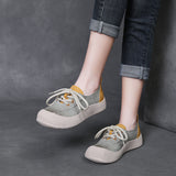 Leather Round Head Casual Shoes Women 2025 Spring New Flat Bottom Lace Single Shoes Fashion Leather