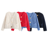 Women's Solid Color Single Buckle Double Pocket Short Thick Knit Shirt Coat Top