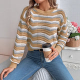 Autumn And Winter Casual Hollow Striped Lantern Long-Sleeved Jacket Sweater Women's
