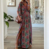954 Spot In 2025 Fall New Fashion V-Neck Short Sleeve Loose Bohemian Medium And Long Print