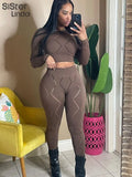 Fashion Hollow Tracksuit Two Piece Set Women Long Sleeve O-Neck Elastic Tops+Leggings Female Sporty Matching