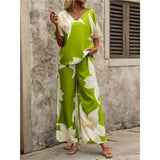 Summer Set Printing V-Neck Bat Sleeve Blouse Long Pants Fashion