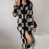 Long Sleeve Polo Plaid Slim Pencil Dresses for Women Evening Party Sexy Split Sweater Bodycon Dress Autumn Winter