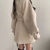 Blends Women Winter Thick Cotton Medium Long Woolen Coats Chic Lantern Sleeve Elegant Sashes Slim Solid OL Stylish