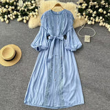 And Autumn New French Retro Hollow Hook Lace Spliced Lantern Sleeve Dress Strapped Waist Temperament