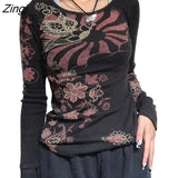 Women Slim Fit Basic Tshirt Autumn Casual Vintage Print Long Sleeve Round Neck Ribbed Tops Club