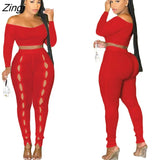 Bodycon Soild Streetwear 2 Two Piece Sets Women Outfits Off Shoulder Long Sleeve Crop Top Pants Suits Matching