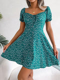 Women Flroal Print A-Line Short Dress Summer Shrinkage Design Bandage Boho Mini Dress Ladies Square Collar Vestido