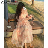 Spring Vintage Midi Dress Women Elegant Princess Lantern Sleeve Floral Fairy Dress Casual Sweet Beach Korean Party