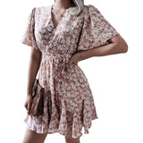 Leisure Short Sleeve V-Neck Crum Striped Lotus Leaf-Side Dress Women's