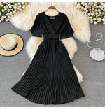New V-Neck Short-Sleeved Dress Over Knee-Repaired Lady's Waist Tie Mid-Slap