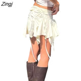 Women Solid Color Gothic Punk Irregular Skirts Summer Fashion Drawstring Tie-Up Ruched Ruffles Mini Skirt