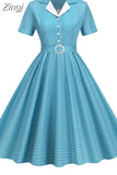 Women Summer Dress Print Plaid Robe Retro Swing Casual Elegant Vintage 50s Rockabilly Dress Party Dresses with Belt