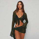 Women's Clothing 2025 Summer New Micro-Permeable With Mesh Long-Sleeved Thoracic Blouse Casual Skirt