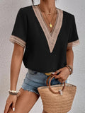 Women's Dress V-Neck Lace Loose Top Commuter Short-Sleeved Shirt Women Splicing