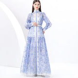 Early Spring Holiday Wind Collar Lantern Sleeve Print Single Buckle Waist Dress Female Pressure Fold Elegant Long