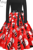 Women Christmas Long Sleeve Print Elegant Vintage Knee-length Party Dress Robe Autumn Winter Casual Xmas