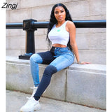 Block Spliced Casual Denim Long Pant Fashion High Waist Skinny Pencil Trouser Streetwear Zipper Fly Bodycon