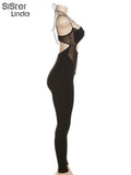 Sexy Mesh Sheer Hollow Jumpsuit Women Summer Sleeveless Backless Patchwork Overalls Lady One Piece Workout