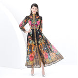 Elegant Court Style Positioning Print High-Necked Lantern Sleeves To Close Waist Dress Women's Spring Holiday